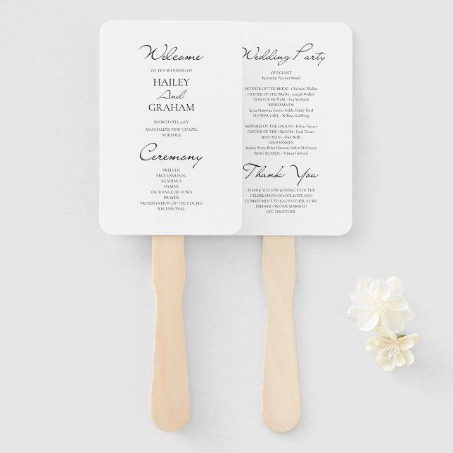 Classic Script Minimalist White Wedding Program Hand Fan (Front and Back)