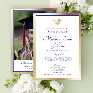 Classic Script Navy Blue & Gold Photo Graduation Invitation
