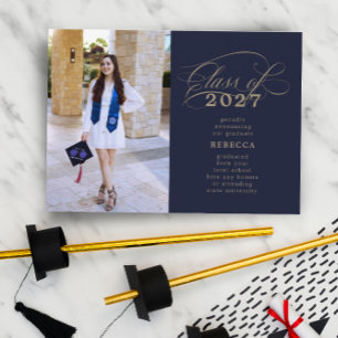 Classic Script Navy Gold Graduation Announcement