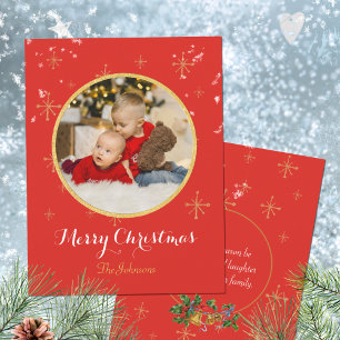 Classic Script Round Photo Coral Red Gold Holiday Card