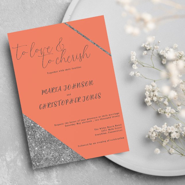 Classic script silver glitter orange glam wedding invitation (Classic script silver glitter orange glam Wedding )