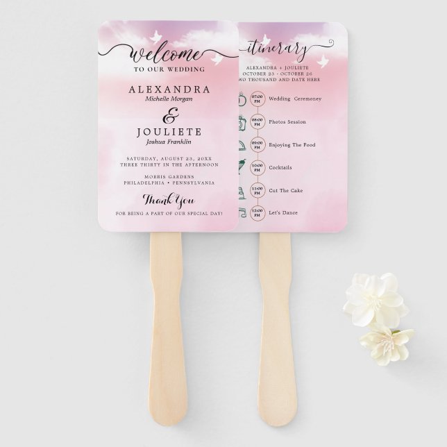 Classic Script Wedding Program and Timeline Hand F Fan (Front and Back)