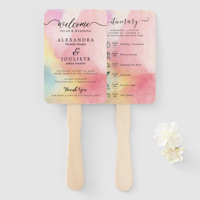 Classic Script Wedding Program and Timeline Hand F Hand Fan (Front and Back)