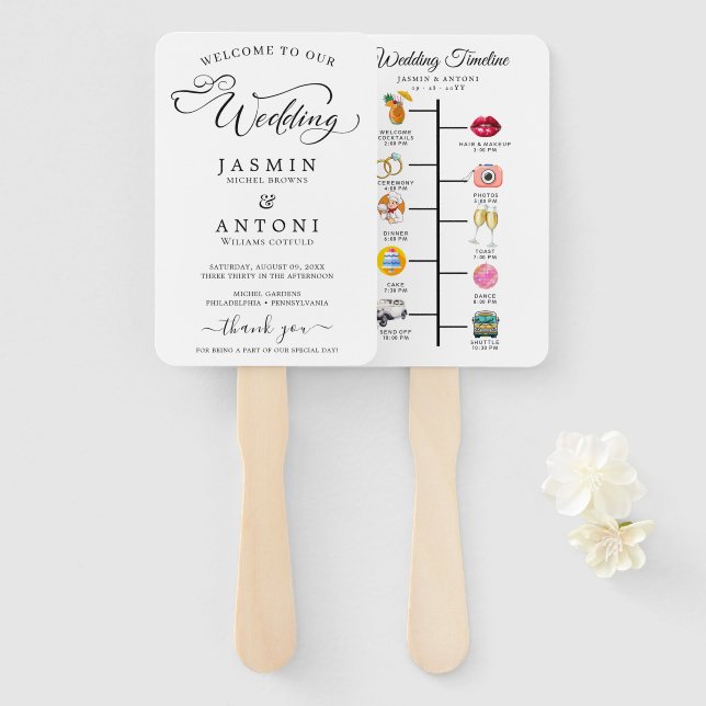 Classic Script Wedding Program and Timeline Hand Fan (Front and Back)