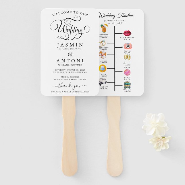 Classic Script Wedding Program and Timeline Hand Fan (Front and Back)