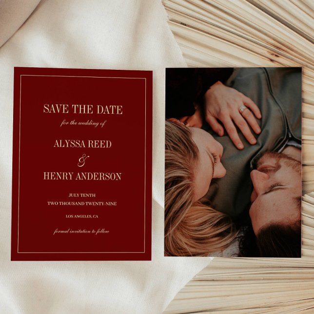Classic Script Wine Red Wedding Photo Save The Date (Creator Uploaded)