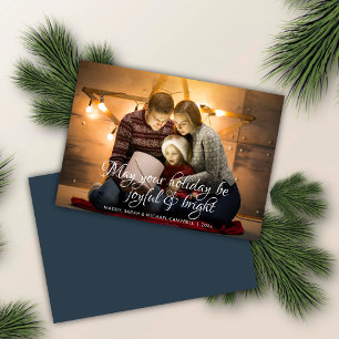 Classic Scripted Wish Navy Blue Photo Christmas Holiday Card