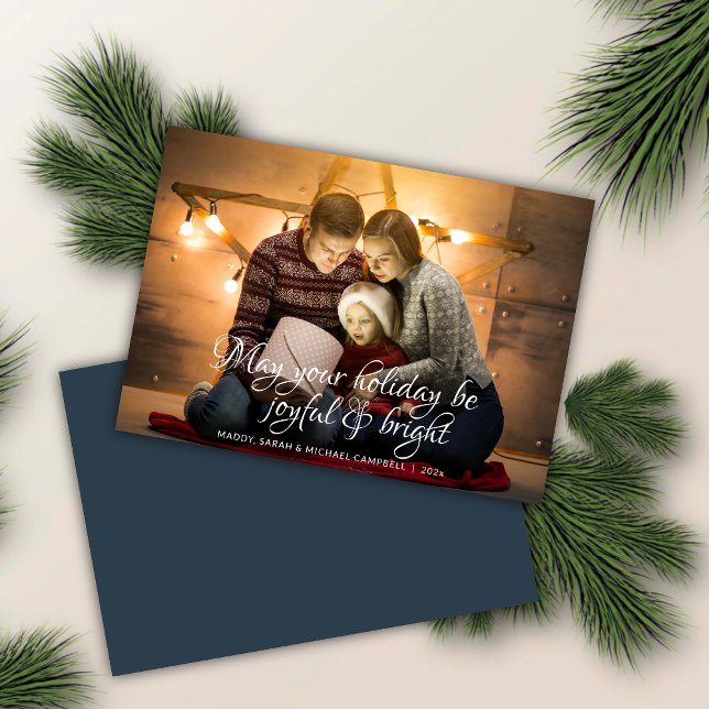 Classic Scripted Wish Navy Blue Photo Christmas Holiday Card (Creator Uploaded)