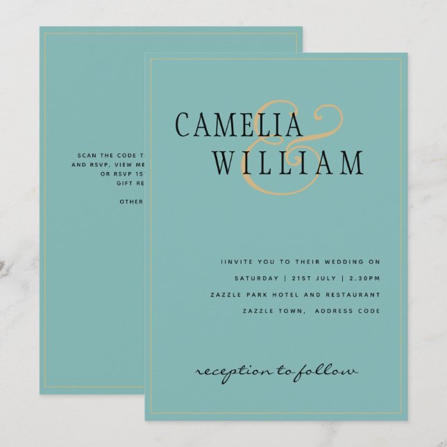 Classic Sea Glass Aqua Green Gold Wedding Invitati Invitation (Front/Back)