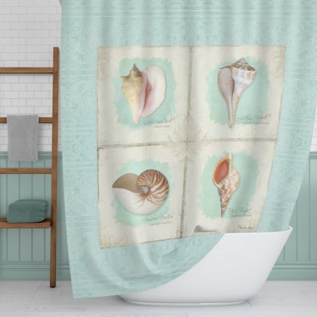 Classic Sea Shells Beach Ocean Shore Aqua Blue Shower Curtain (Creator Uploaded)