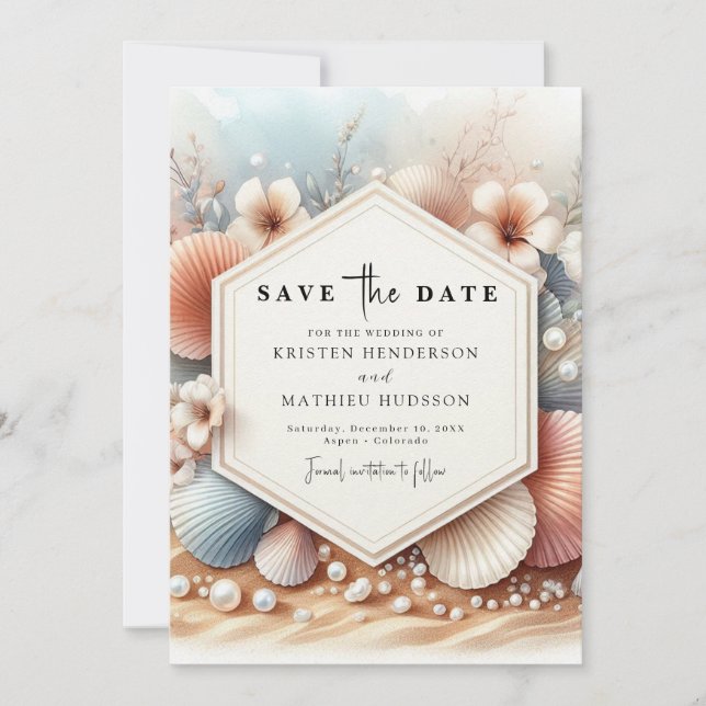 Classic Seashell Beach Wedding Save The Date (Front)