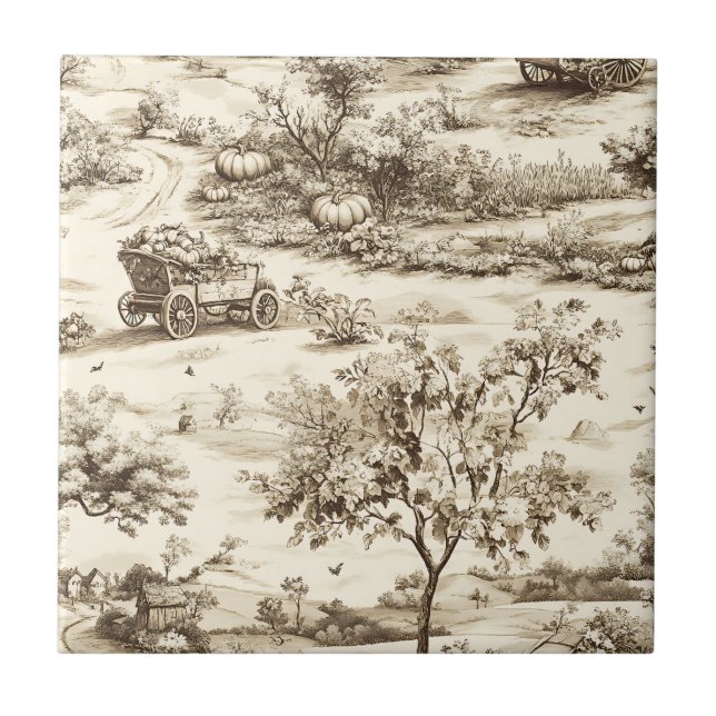 Classic Sepia Autumn Pumpkin Countryside Pattern Ceramic Tile (Front)