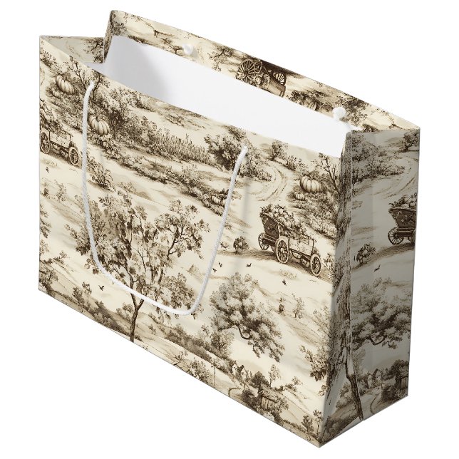Classic Sepia Autumn Pumpkin Countryside Pattern Large Gift Bag (Front Angled)