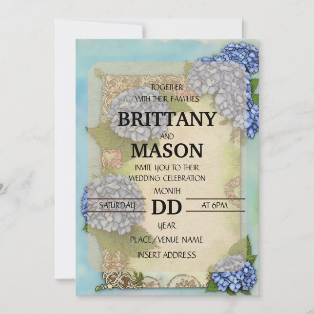 Classic Shabby Chic Style Vintage Blue Hydrangea Invitation (Front)