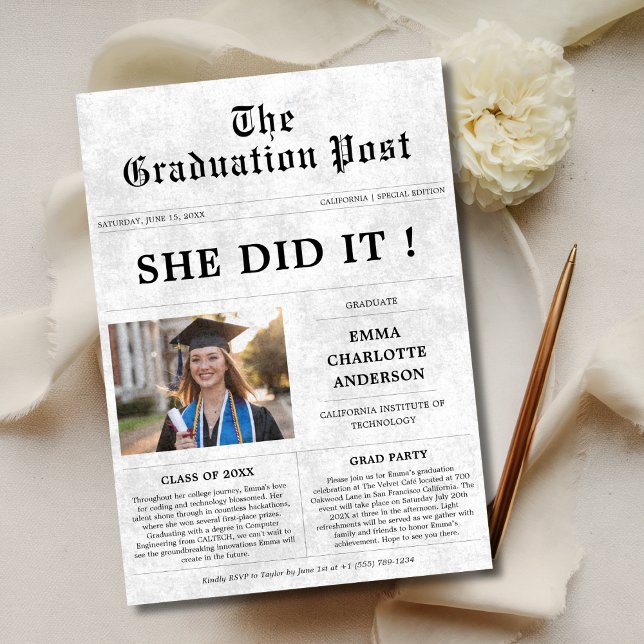 Classic She Did it | Graduation Newspaper Photo Invitation (Creator Uploaded)