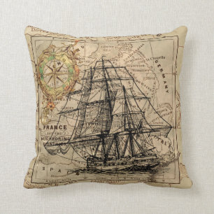 Classic Ship on Map Pillow. Cushion