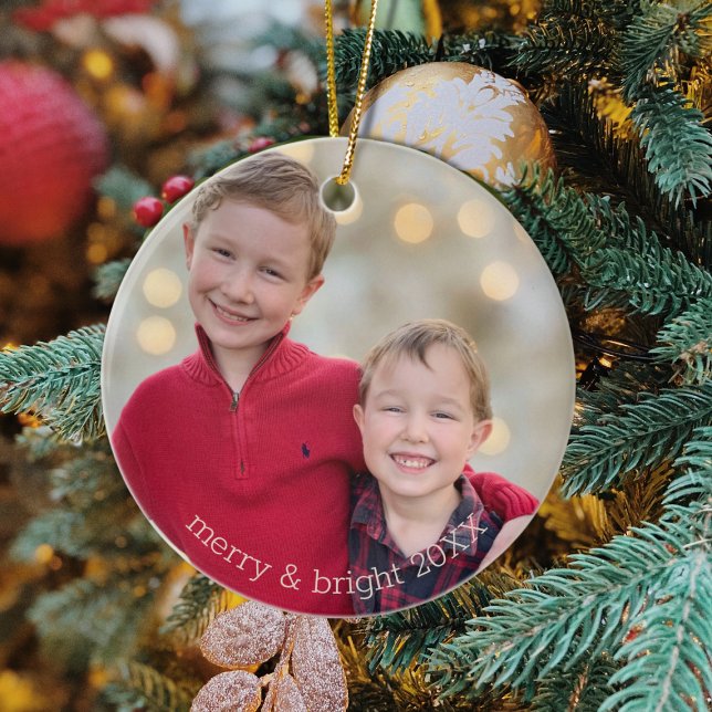 Classic Siblings Photo Christmas Metal Ornament (Classic Siblings "Merry & Bright" Christmas Photo Ornament)