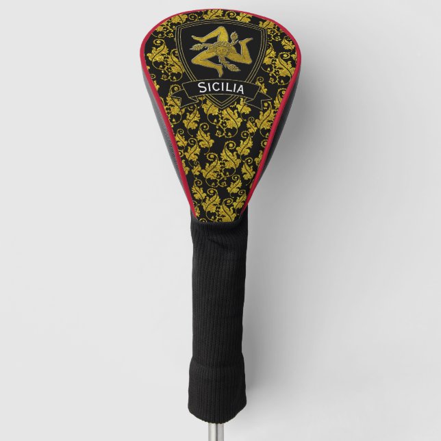Classic Sicilian Trinacria Gold Leaf Pattern Golf Head Cover (Front)