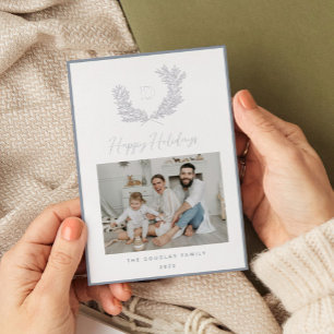 Classic Silver Blue and White Monogram Crest Photo Foil Holiday Card