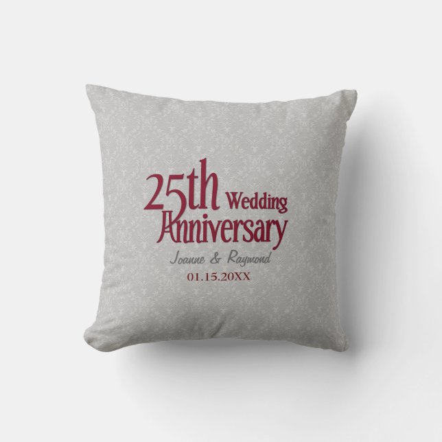Classic Silver Damask 25th Wedding Anniversary Cushion (Front)