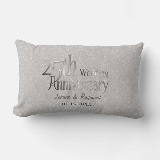 Classic Silver Damask 25th Wedding Anniversary Lumbar Cushion (Front)