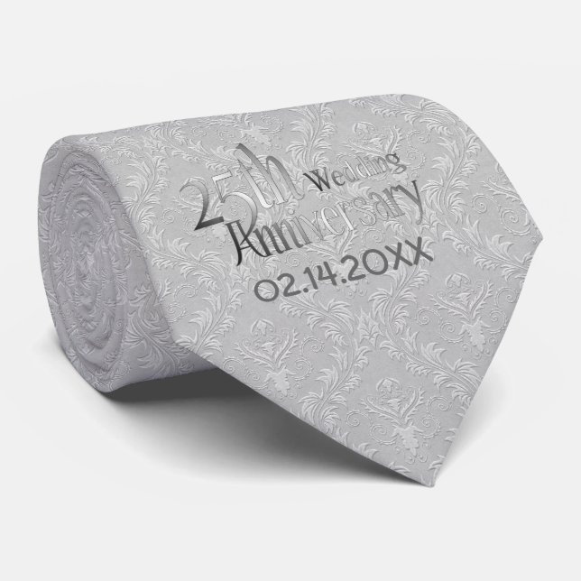 Classic Silver Damask 25th Wedding Anniversary Tie (Rolled)