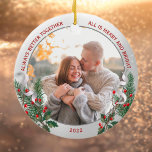 Classic Silver Frame Photo 1st Christmas Together  Ceramic Ornament<br><div class="desc">Silver frame adorned with holly and pine ornament to display your own special memory. The bright and shiny silver border encircles your photos. The holly, pine and silk ribbon complete the whole design with a joyful atmosphere of the holiday season. Easily place your own memorable photo in place of the...</div>