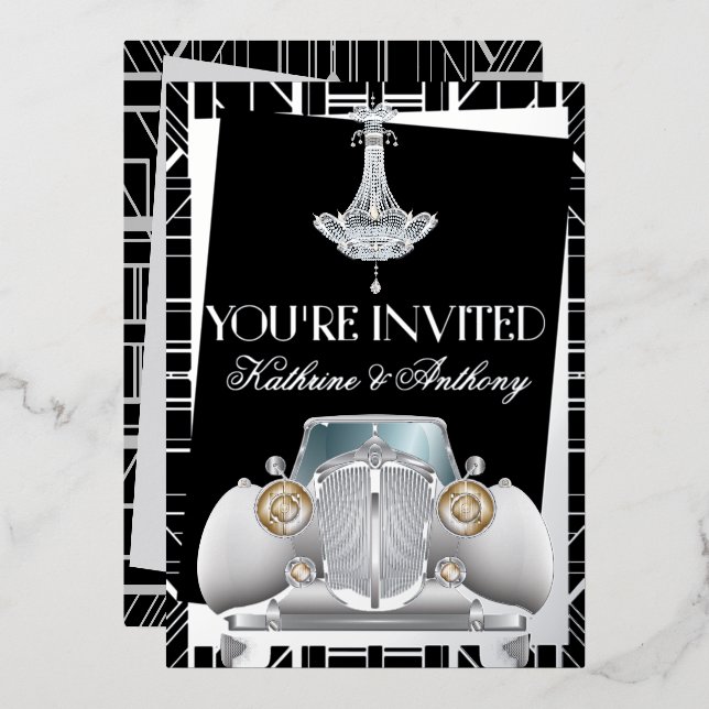 Classic SILVER Gatsby Deco Wedding Foil Invitation (Front/Back)