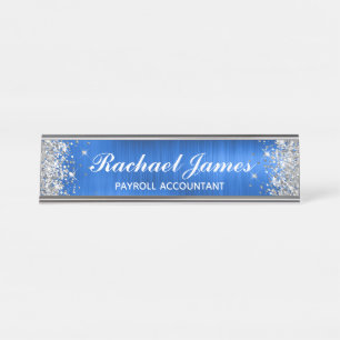 Classic Silver Glitter Royal Blue Foil Desk Name Plate