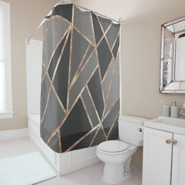 Classic Silver Gray Charcoal Rose Gold Geo #1 Shower Curtain (In Situ)