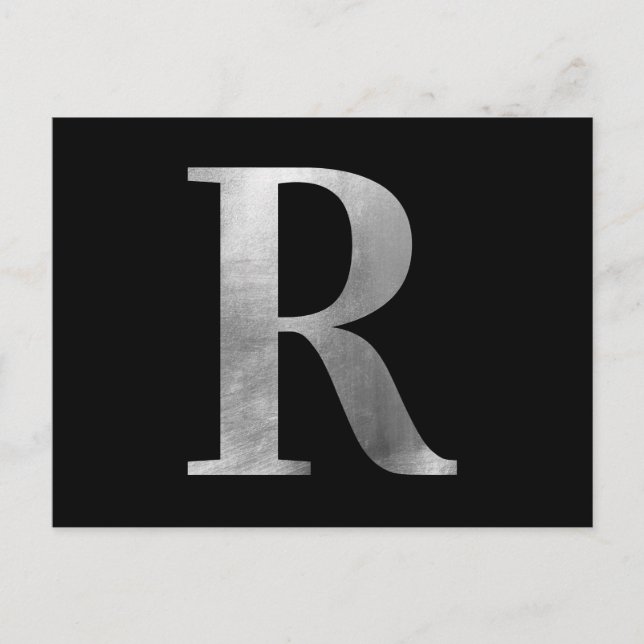 Classic Silver Grey Foil Monogram R on Black Postcard (Front)