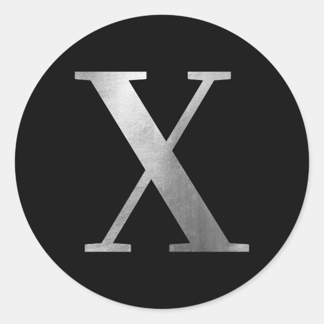 Classic Silver Grey Foil Monogram X on Black Round Sticker (Front)