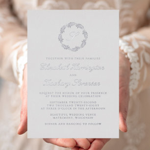 Classic Silver Monogram Wreath Script Grey Wedding