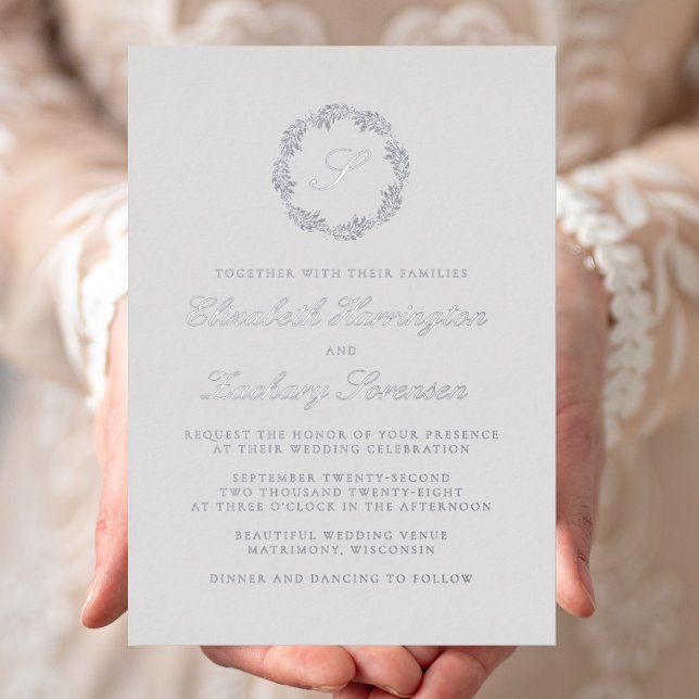 Classic Silver Monogram Wreath Script Grey Wedding (Creator Uploaded)