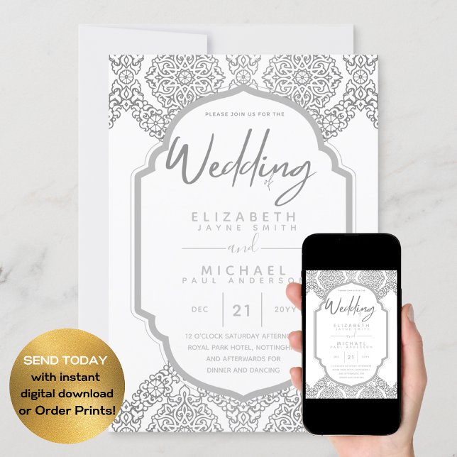 Classic Silver White Ornate Elegant Wedding  Invitation (Creator Uploaded)