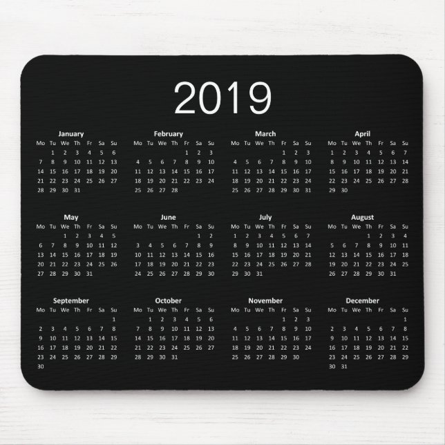 Classic Simple Black And White 2019 Calendar Mouse Pad (Front)