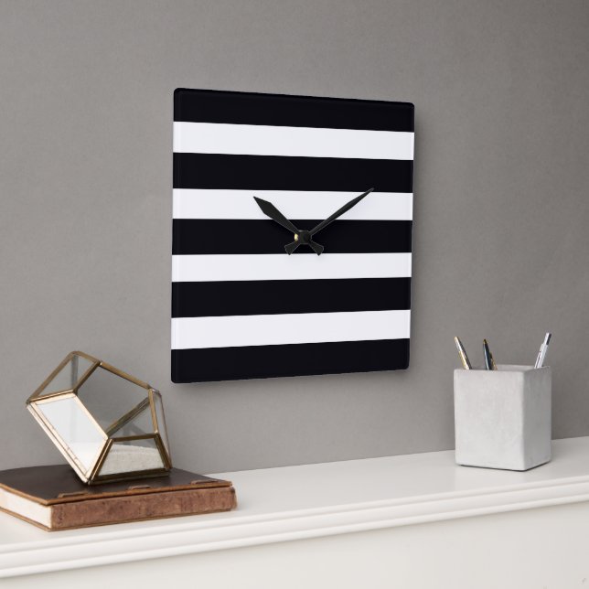Classic Simple Black And White Striped Modern Chic Square Wall Clock (Office)