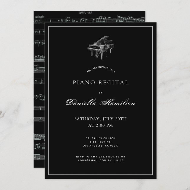 Classic Simple Black Piano Recital Invitation (Front/Back)