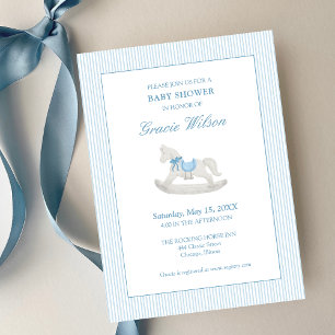Classic Simple Blue Rocking Horse Baby Shower Invitation