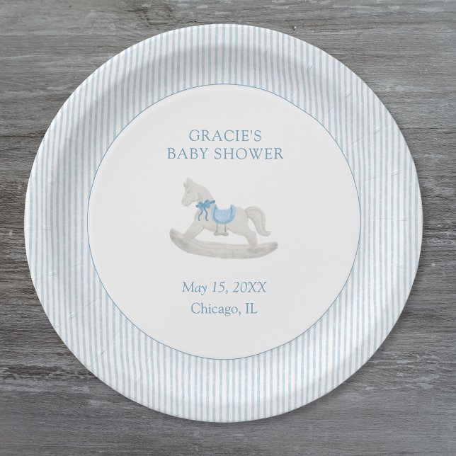 Classic Simple Blue Rocking Horse Boy Baby Shower Paper Plate (Creator Uploaded)