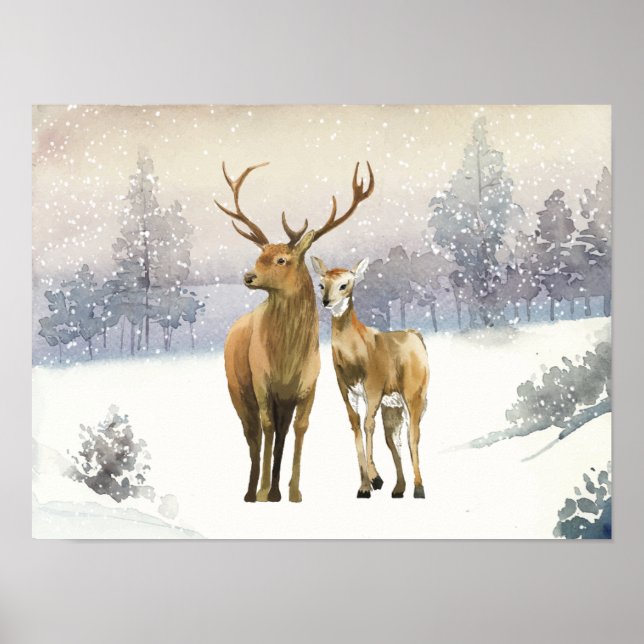 Classic simple Christmas watercolor reindeers  Poster (Front)