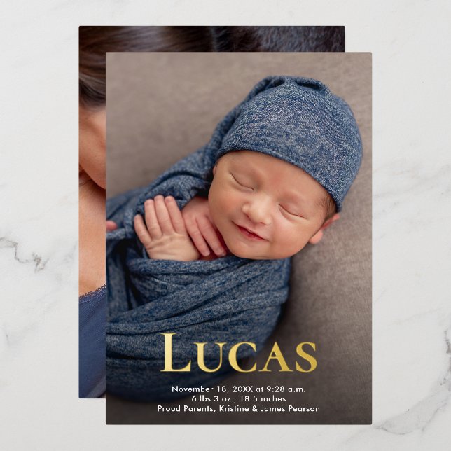 Classic simple Custom Photos Elegant Baby Name Foil Holiday Card (Front/Back)