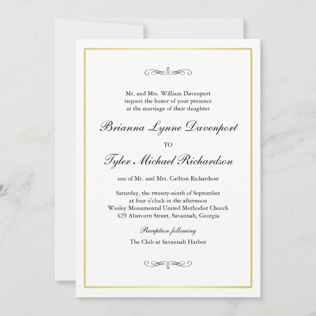Classic Simple Elegance Wedding Gold Border Invitation (Front)