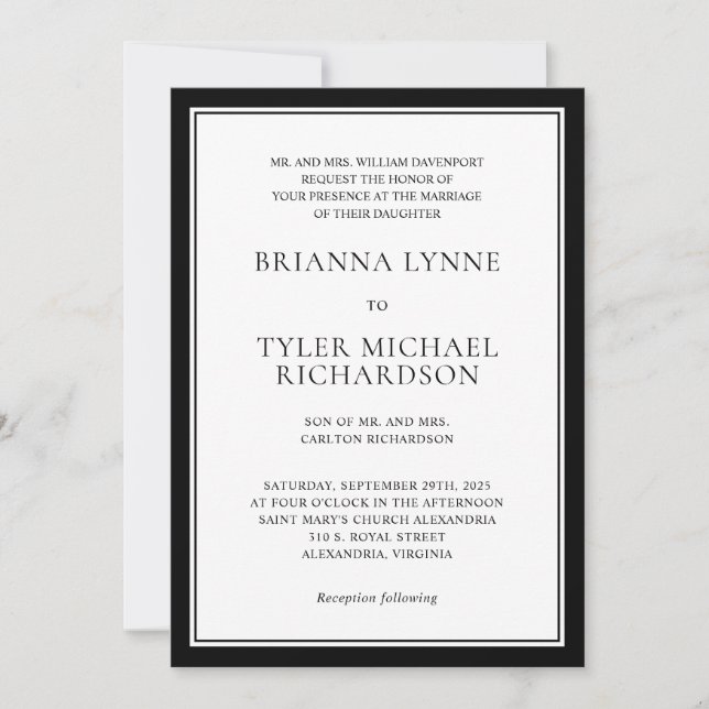 Classic Simple Elegance with Black Edging Wedding Invitation (Front)