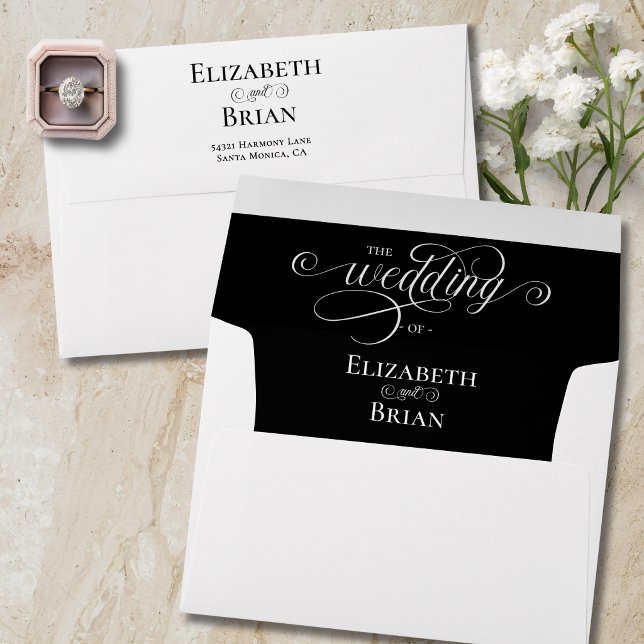 Classic Simple Elegant Black White Script Wedding Envelope (Classic Simple Elegant Black and White Script Wedding Envelope with script calligraphy.)