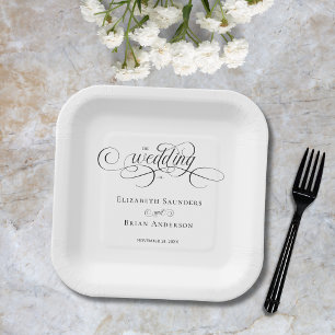 Classic Simple Elegant Black White Script Wedding Paper Plate