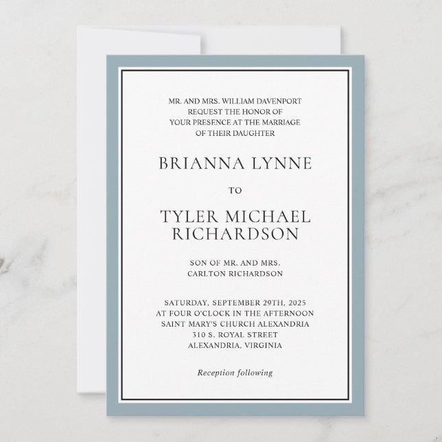 Classic Simple Elegant Dusty Blue Edging Wedding Invitation (Front)