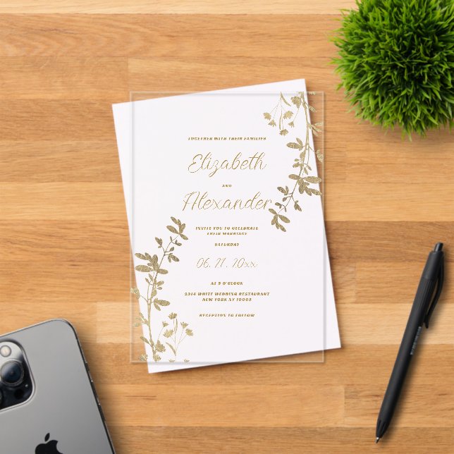 Classic simple elegant gold floral Wedding Acrylic Invitations (Insitu (Invitation Card))
