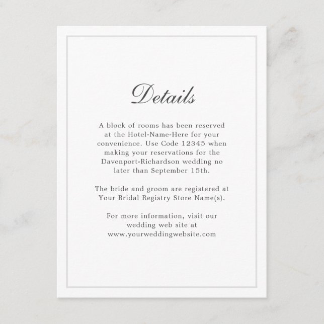 Classic Simple Elegant Wedding Details Information Enclosure Card (Front)