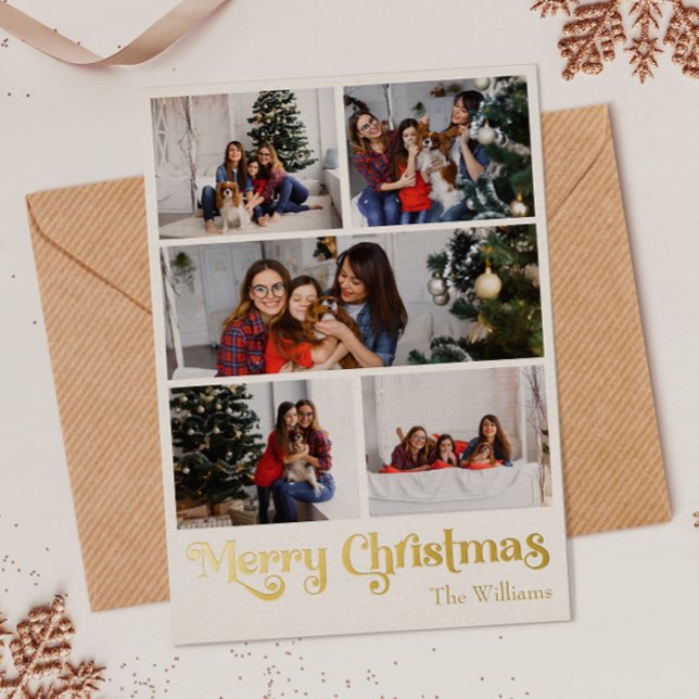 Classic Simple Five-Photo Merry Christmas Gold Foil Holiday Card (Creator Uploaded)